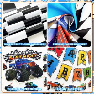 Truck Birthday Party Supplies Truck Theme Party Decorations, 99 Pcs(Backdrop Tablecloth Banner Triangle Bunting Cake Toppers Foil Balloons Honeycomb Centerpieces Flags Balloon Garland Arch Kit)