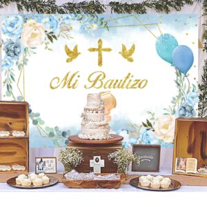 Lexfvpoo Mi Bautizo Baptism Backdrop 7x5ft First Holy Communion Christening Decorations Blue Flower Cute Angel God Bless Background for Boy Vinyl Mi Primera Comunion Banner Photo Shoot Props