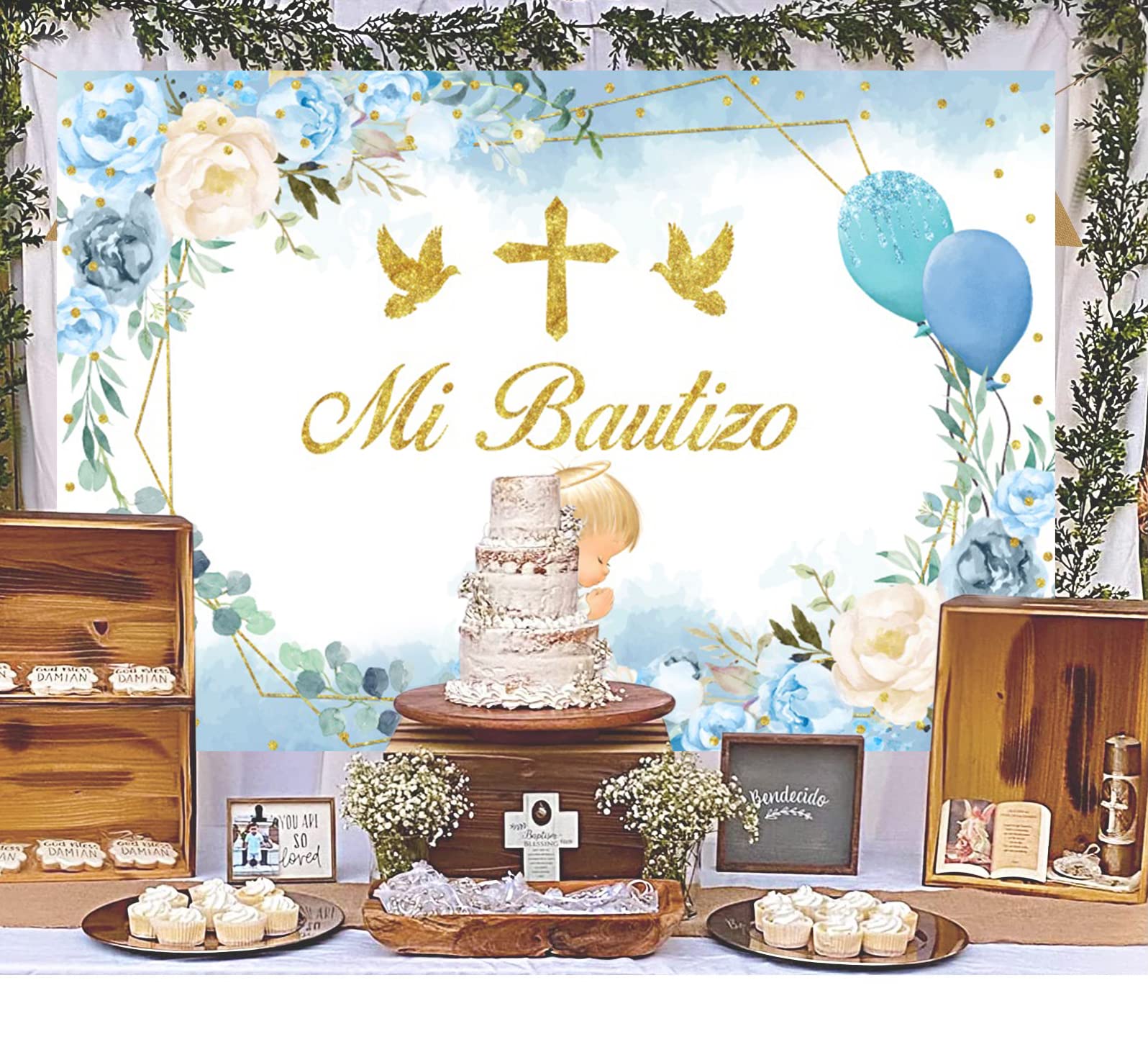 Lexfvpoo Mi Bautizo Baptism Backdrop 7x5ft First Holy Communion Christening Decorations Blue Flower Cute Angel God Bless Background for Boy Vinyl Mi Primera Comunion Banner Photo Shoot Props