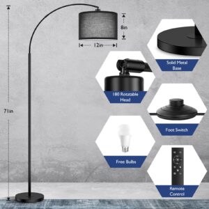 Arc Floor Lamps for Living Room, Modern Remote Control Standing Lamp with Stepless Dimmable, Black Tall Lamp with Black Drum Shade, Over Couch Arched Reading Light for Bedroom, Office(Bulb Included)