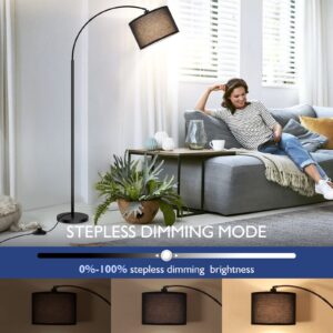 Arc Floor Lamps for Living Room, Modern Remote Control Standing Lamp with Stepless Dimmable, Black Tall Lamp with Black Drum Shade, Over Couch Arched Reading Light for Bedroom, Office(Bulb Included)