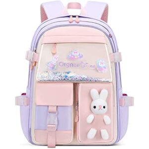 oygejmt girls backpack cute rabbit elementary school bags middle bookbags casual daypack backpacks durable lightweight travel bags (purple)