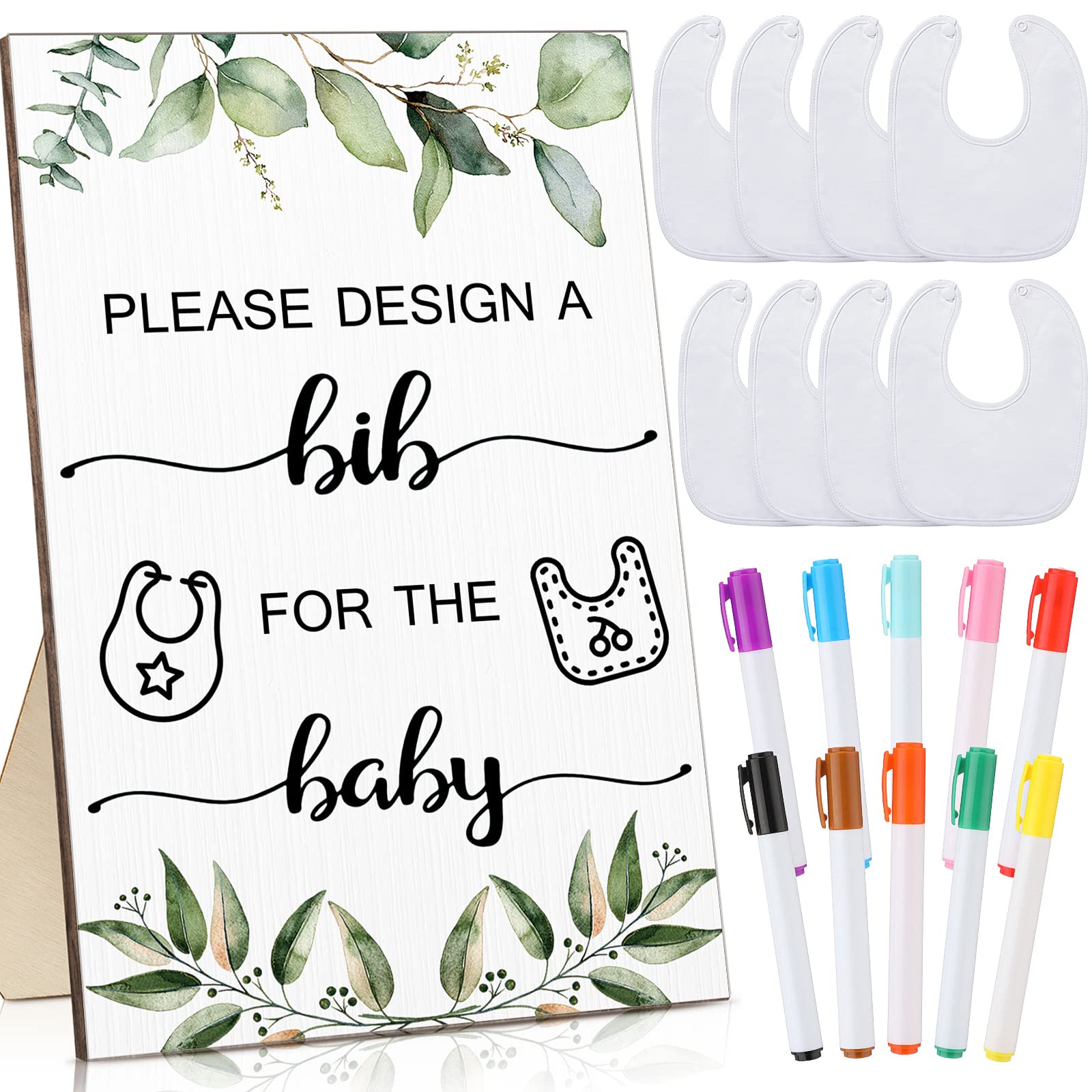 Qunclay 37 Pcs Baby Shower Games 1 Baby Shower Game Sign 25 DIY White Bibs for Boys Girls Guest Design Game with 10 Fabric Markers Baby Shower Keepsake for Guest New Parents(Leaf)