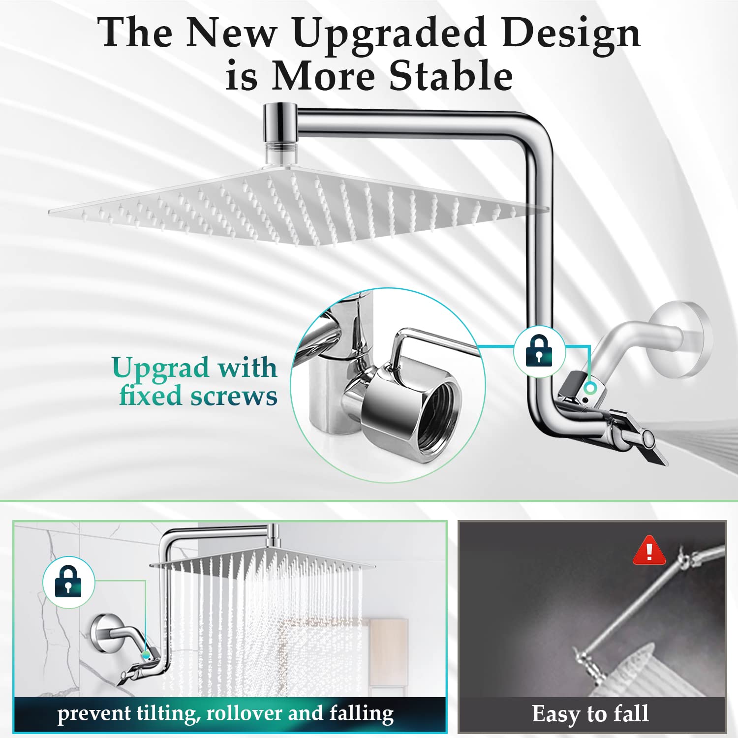 Rain Shower Head Extension Arm, Upgrade 12 Inch Metal Shower Extension Arm, Height/Angle Adjustable Curved Shower Head Extender with 1/2 Universal Connection, Flexible Rise or Lower Shower Head Chrome