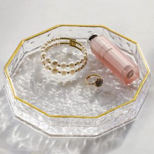 7 inch decagon glass tray with gold rim, clear hammered vanity makeup tray with 1” wall, thick decorative dresser bathroom tray perfume display tray cosmetic tray for tabletop countertop s, halyuhn