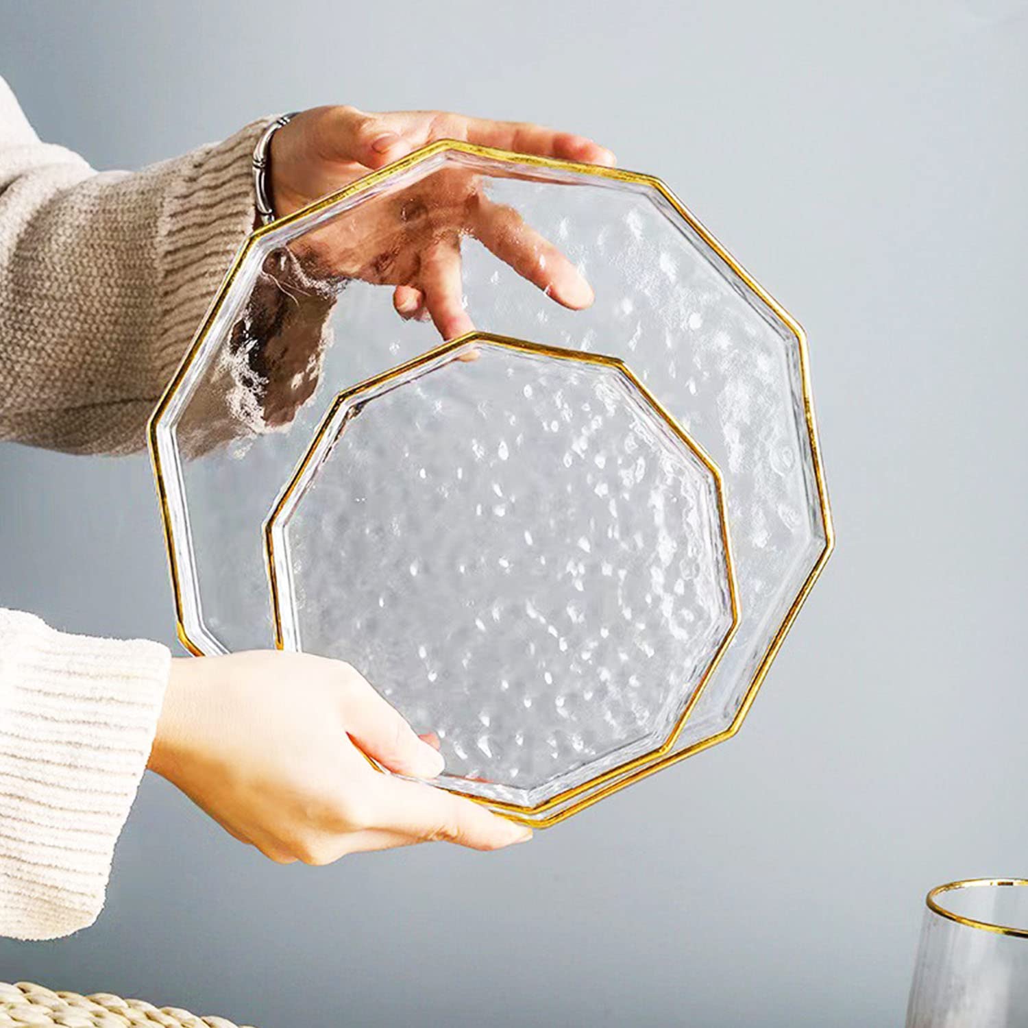 7 Inch Decagon Glass Tray with Gold Rim, Clear Hammered Vanity Makeup Tray with 1” Wall, Thick Decorative Dresser Bathroom Tray Perfume Display Tray Cosmetic Tray for Tabletop Countertop S, Halyuhn