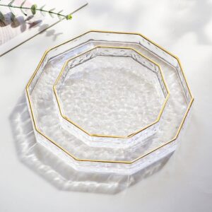 7 Inch Decagon Glass Tray with Gold Rim, Clear Hammered Vanity Makeup Tray with 1” Wall, Thick Decorative Dresser Bathroom Tray Perfume Display Tray Cosmetic Tray for Tabletop Countertop S, Halyuhn