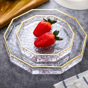 7 Inch Decagon Glass Tray with Gold Rim, Clear Hammered Vanity Makeup Tray with 1” Wall, Thick Decorative Dresser Bathroom Tray Perfume Display Tray Cosmetic Tray for Tabletop Countertop S, Halyuhn