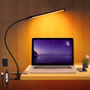 desk lamp for office home, eye-caring usb clip on light 3 modes 5 brightness, adjustable 5w led desk light flexible gooseneck clamp light for workbench headboard study reading drafting(metal)