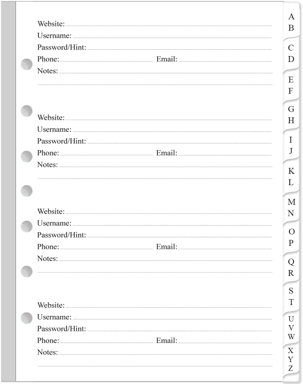 Password Book Refills - A-Z Password Notebook Refill Paper with Alphabetical Tabs, 120gsm White Paper, 7-Hole/Desk Size 4, 5.8" x 8.3"