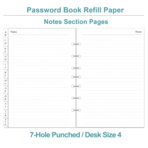 Password Book Refills - A-Z Password Notebook Refill Paper with Alphabetical Tabs, 120gsm White Paper, 7-Hole/Desk Size 4, 5.8" x 8.3"