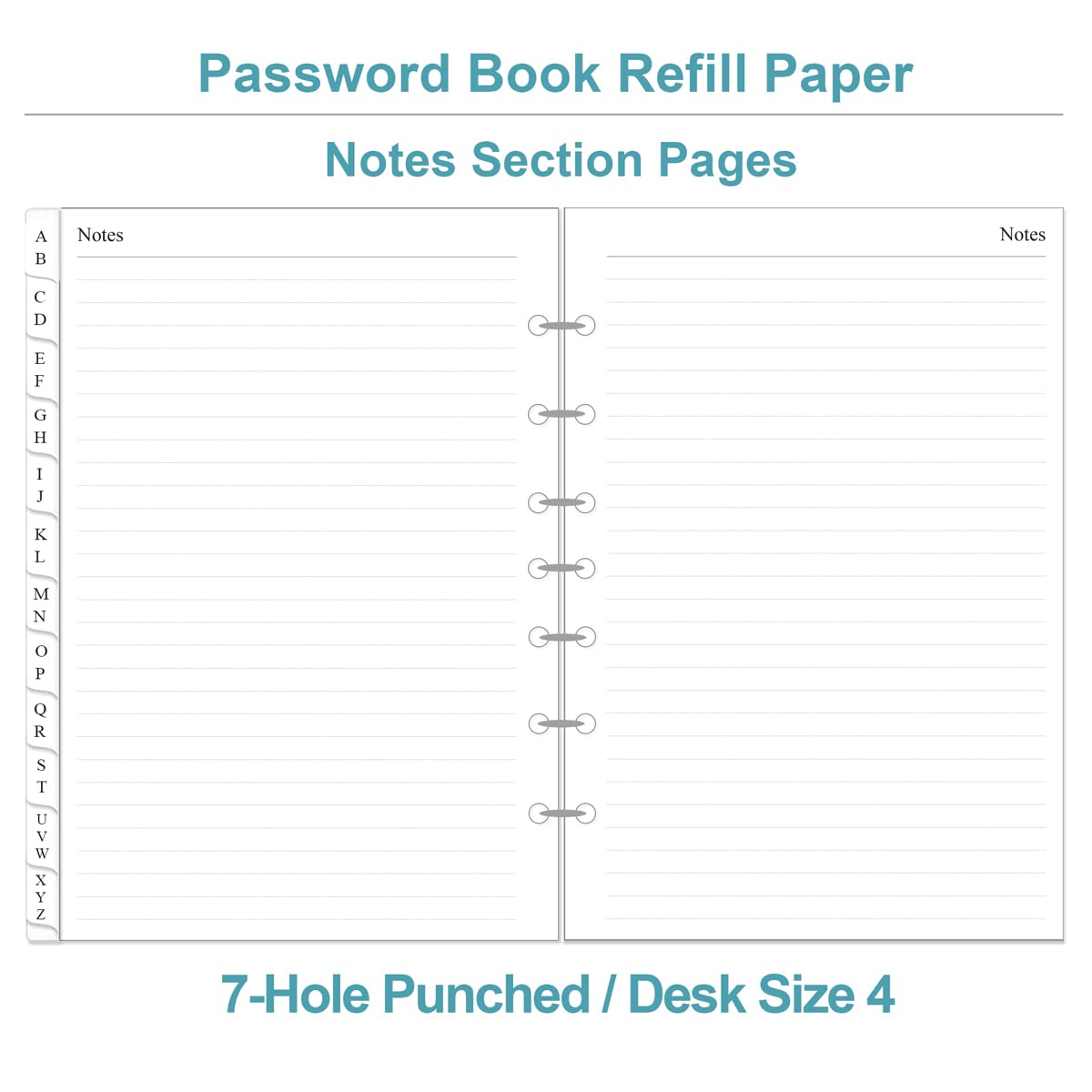 Password Book Refills - A-Z Password Notebook Refill Paper with Alphabetical Tabs, 120gsm White Paper, 7-Hole/Desk Size 4, 5.8" x 8.3"