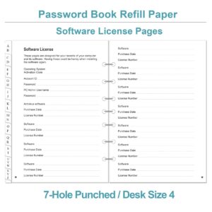 Password Book Refills - A-Z Password Notebook Refill Paper with Alphabetical Tabs, 120gsm White Paper, 7-Hole/Desk Size 4, 5.8" x 8.3"