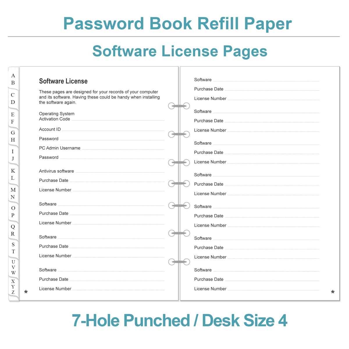 Password Book Refills - A-Z Password Notebook Refill Paper with Alphabetical Tabs, 120gsm White Paper, 7-Hole/Desk Size 4, 5.8" x 8.3"