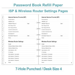 Password Book Refills - A-Z Password Notebook Refill Paper with Alphabetical Tabs, 120gsm White Paper, 7-Hole/Desk Size 4, 5.8" x 8.3"