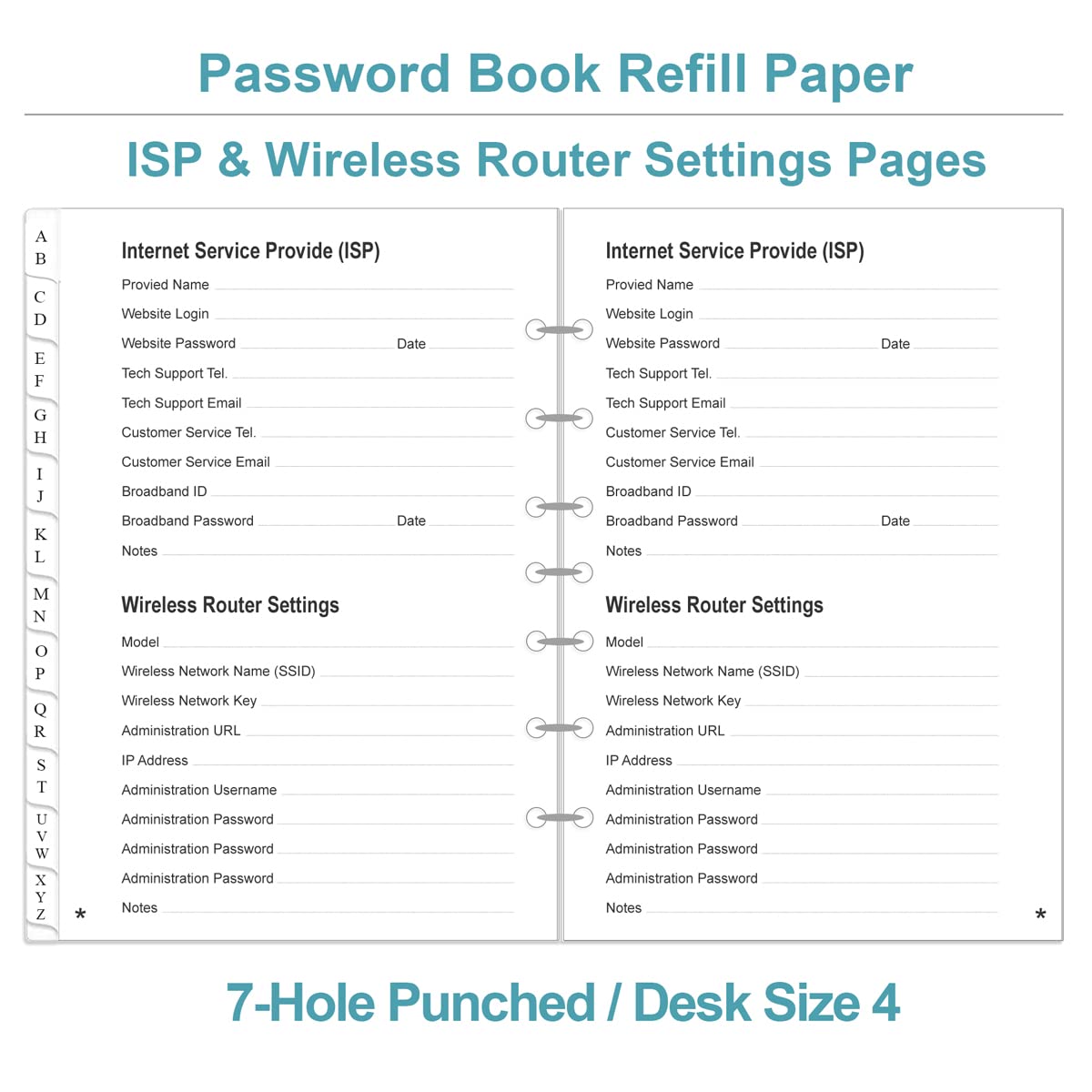 Password Book Refills - A-Z Password Notebook Refill Paper with Alphabetical Tabs, 120gsm White Paper, 7-Hole/Desk Size 4, 5.8" x 8.3"