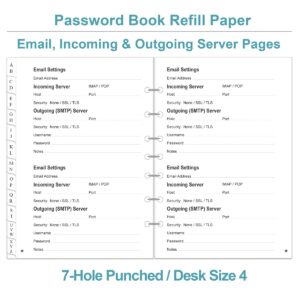 Password Book Refills - A-Z Password Notebook Refill Paper with Alphabetical Tabs, 120gsm White Paper, 7-Hole/Desk Size 4, 5.8" x 8.3"