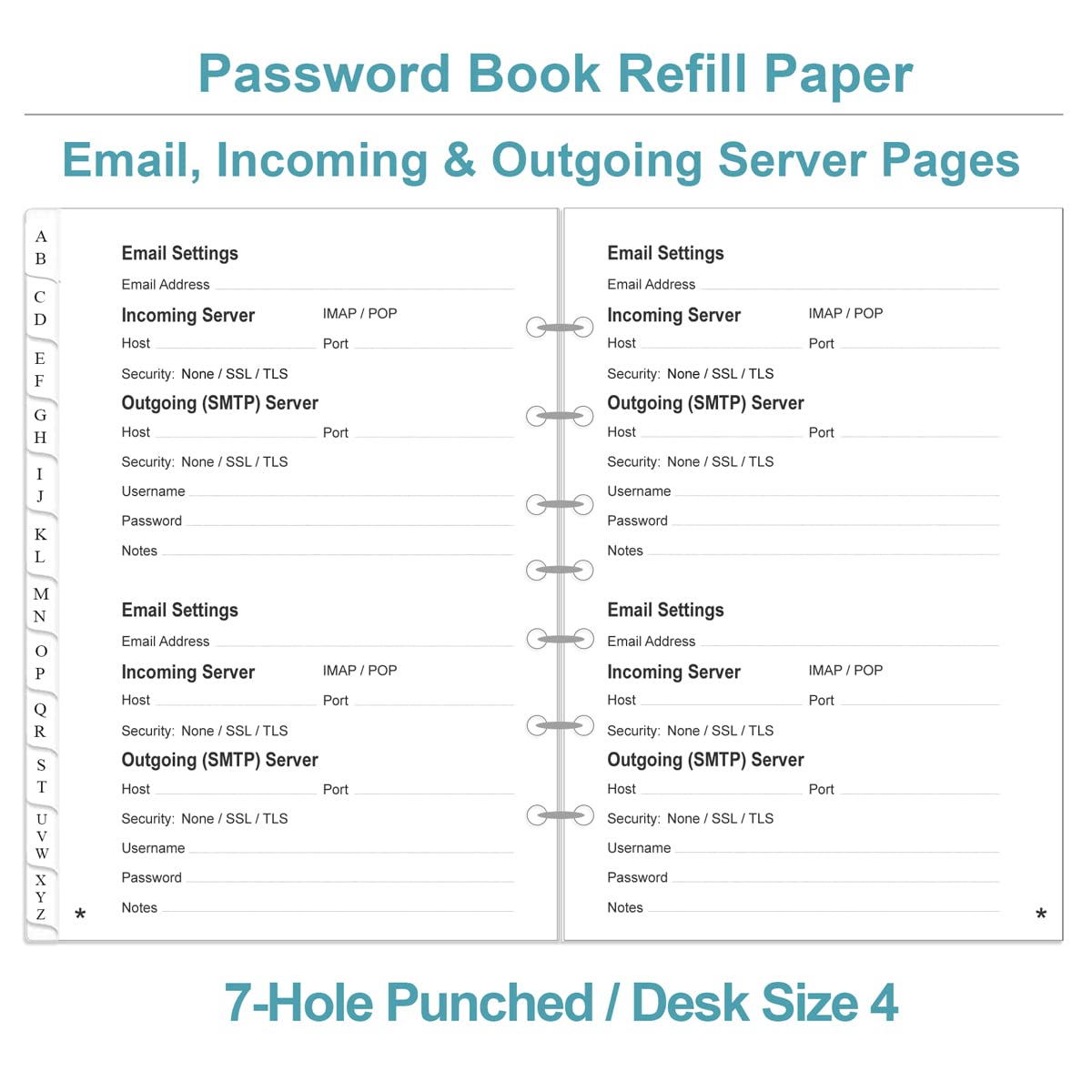 Password Book Refills - A-Z Password Notebook Refill Paper with Alphabetical Tabs, 120gsm White Paper, 7-Hole/Desk Size 4, 5.8" x 8.3"