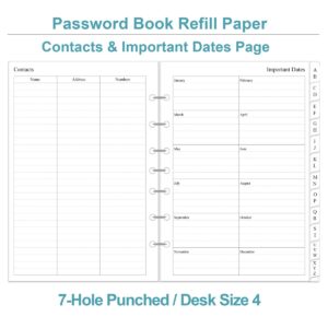 Password Book Refills - A-Z Password Notebook Refill Paper with Alphabetical Tabs, 120gsm White Paper, 7-Hole/Desk Size 4, 5.8" x 8.3"