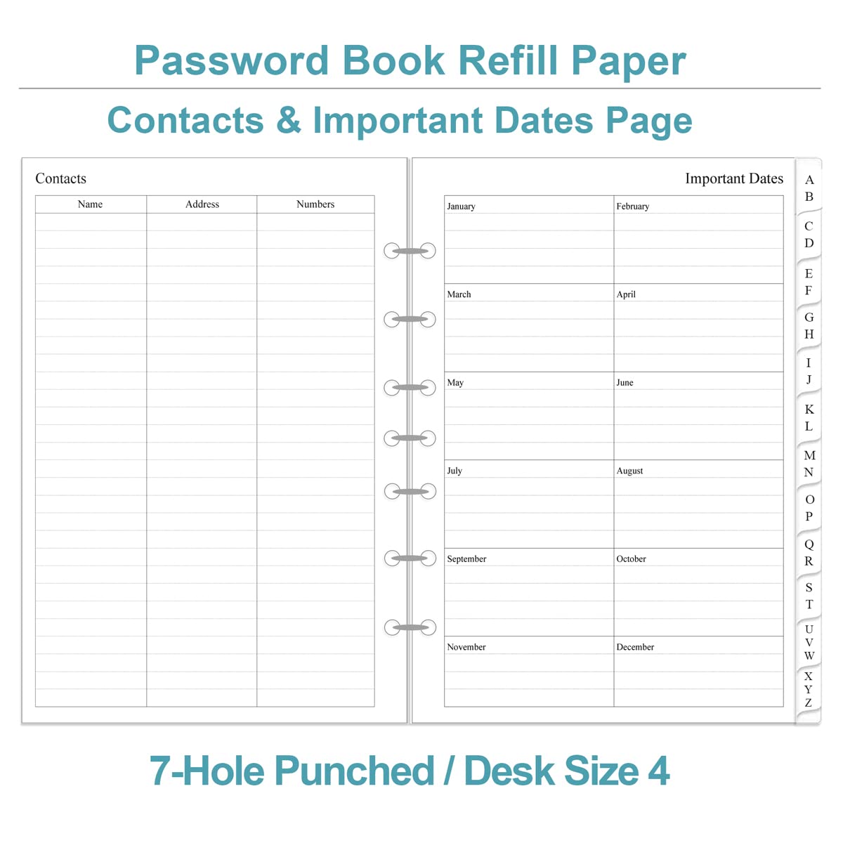 Password Book Refills - A-Z Password Notebook Refill Paper with Alphabetical Tabs, 120gsm White Paper, 7-Hole/Desk Size 4, 5.8" x 8.3"