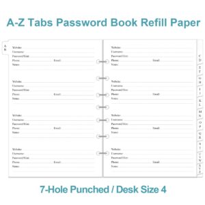 Password Book Refills - A-Z Password Notebook Refill Paper with Alphabetical Tabs, 120gsm White Paper, 7-Hole/Desk Size 4, 5.8" x 8.3"