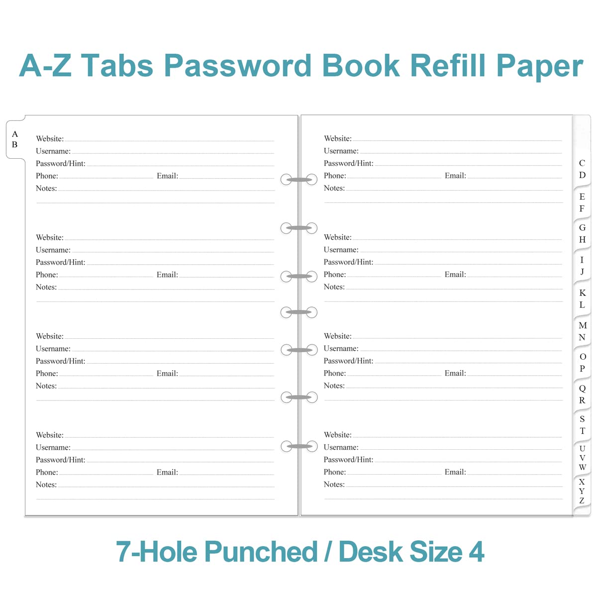 Password Book Refills - A-Z Password Notebook Refill Paper with Alphabetical Tabs, 120gsm White Paper, 7-Hole/Desk Size 4, 5.8" x 8.3"