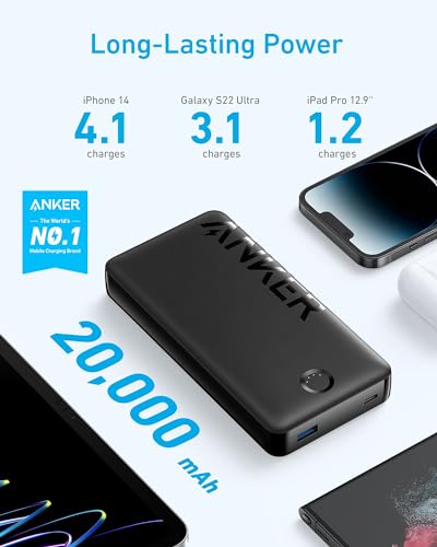 Anker Portable Charger, 20,000mAh Power Bank, Battery Pack with 2-Port, 15W High-Speed Charging for iPhone 15/15 Plus/15 Pro/15 Pro Max, 14/13/12 Series, Samsung Galaxy, and More (Black)
