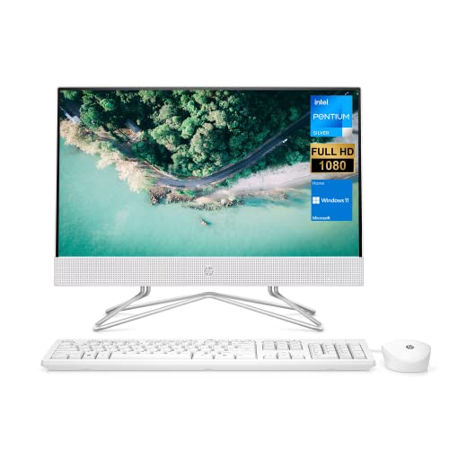 HP All-in-One Desktop, 21.5" FHD Screen, Intel Pentium Silver J5040, 16GB RAM, 512GB PCIe SSD, HD Webcam, HDMI, Media Card Reader, Wi-Fi, Wireless KB & Mouse, Windows 11 Home, White