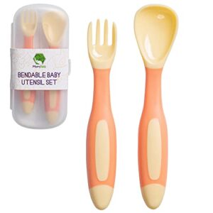 mars baby silicone baby spoons set for self-feeding - bendable learning utensils for toddlers - perfect for introducing solids - with travel case - orange
