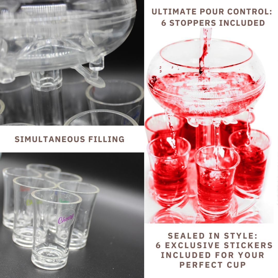 Etihub Shot Glass Dispenser And Holder - Party Drink Set For Liquor With 6 Glasses, Cool Glass Shots Game Accessories, Cute Of Fountains Fun 6x Pourer Bar Stuff, Unique 21 Birthday Parties Machine