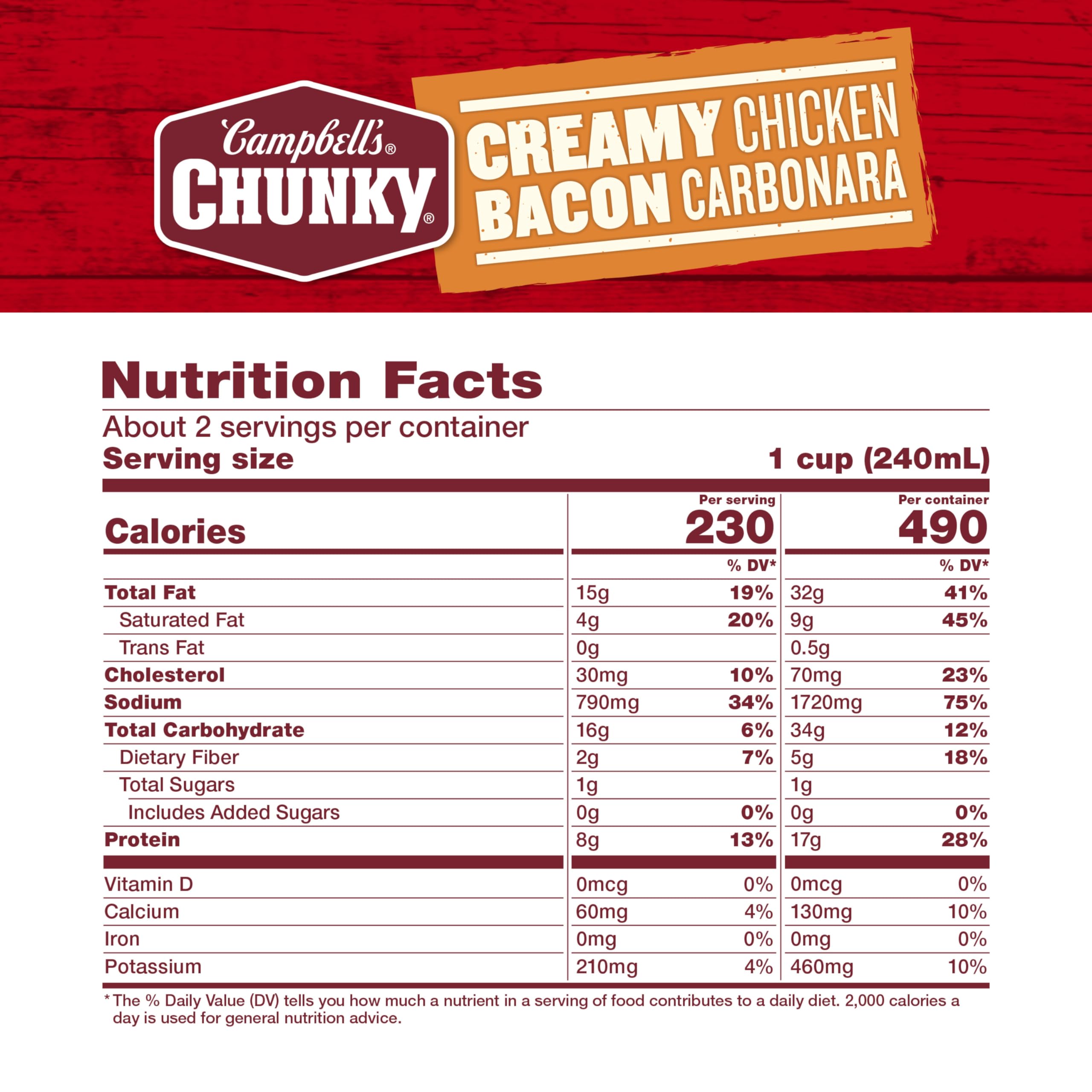 Campbell’s Chunky Soup, Creamy Chicken Bacon Carbonara Soup, 18.8 oz Can