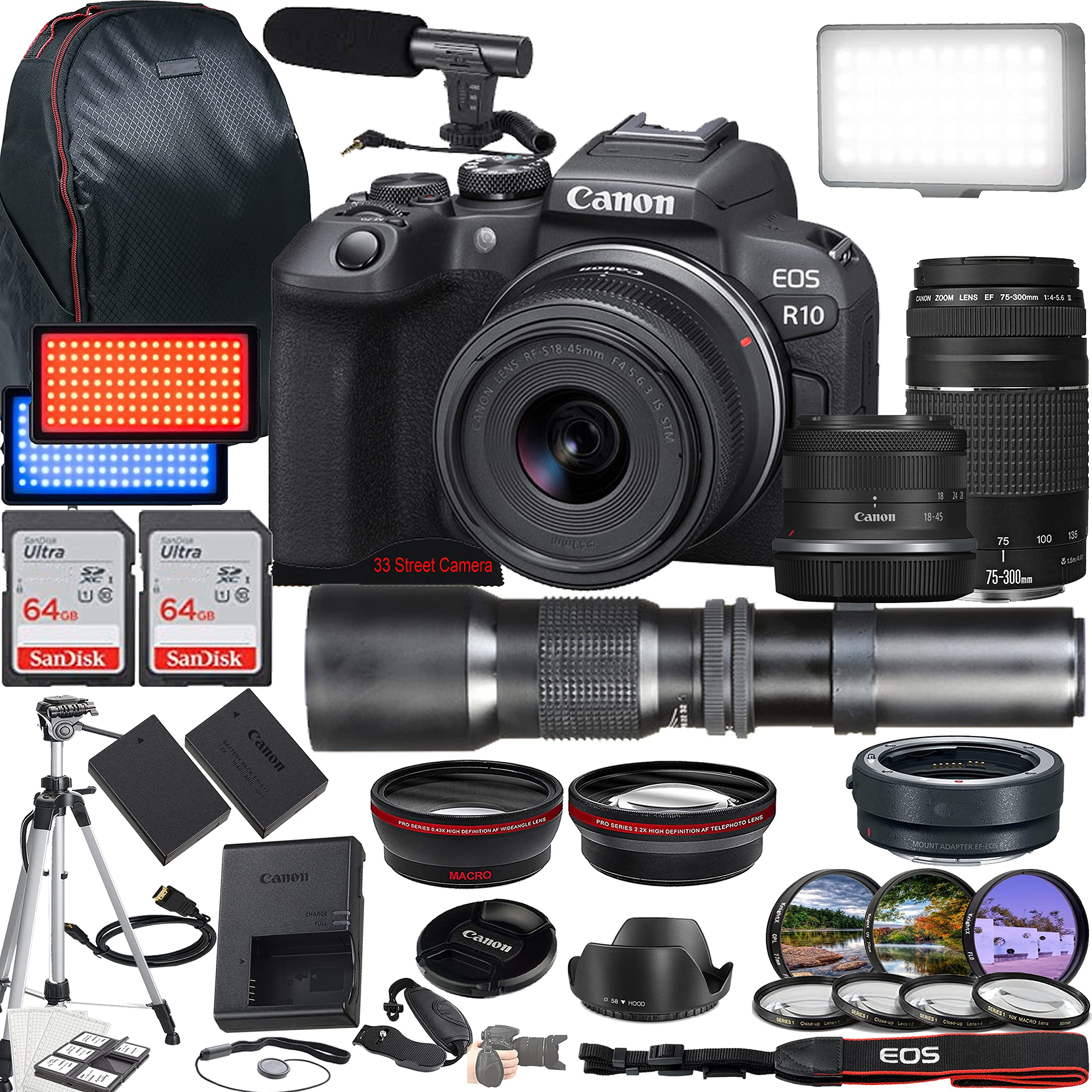 Canon EOS R10 Mirrorless Camera w/RF-S 18-45mm f/4.5-6.3 is STM + EF 75-300mm f/4-5.6 III Lens + 500mm f/8 Focus Lens + 2X 64GB Memory + Case + Microphone + LED Video Light + More (35pc Bundle)