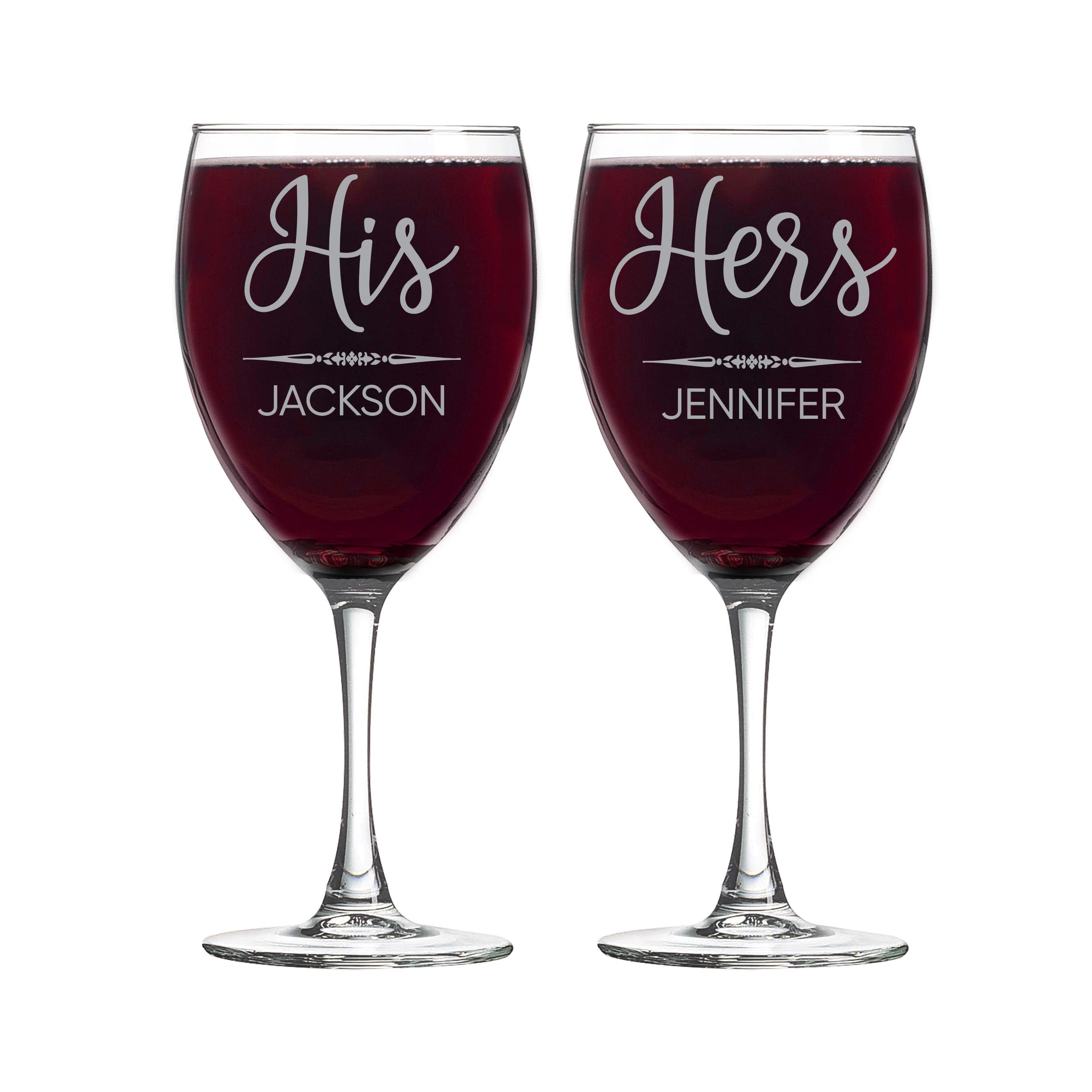 Personalized His and Hers Wine Glass Set, Engagement Gifts for Couples, Wedding Anniversary Gift, Engraved Pair of 10.5 oz Glasses