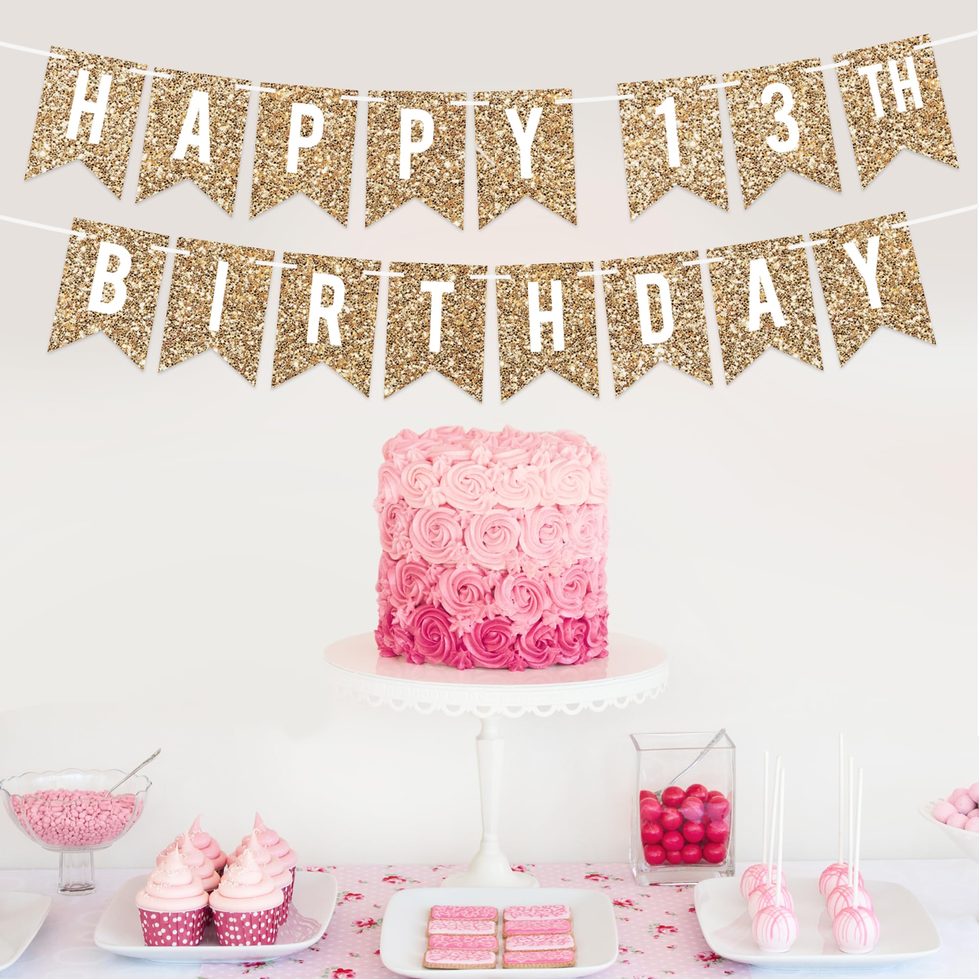 Pre-Strung Happy 13th Birthday Banner - NO DIY - Gold Glitter 13th Birthday Party Banner For Boys Girls - Pre-Strung Garland on 6 ft Strands - Gold Birthday Party Decorations & Decor. Did we mention