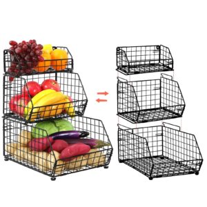 yuzehuaza 3 tier fruit and vegetable basket wall-mounted & countertop organizer for potato onion stackable wire baskets for pantry kitchen cabinet for produce snack canned food storage, black