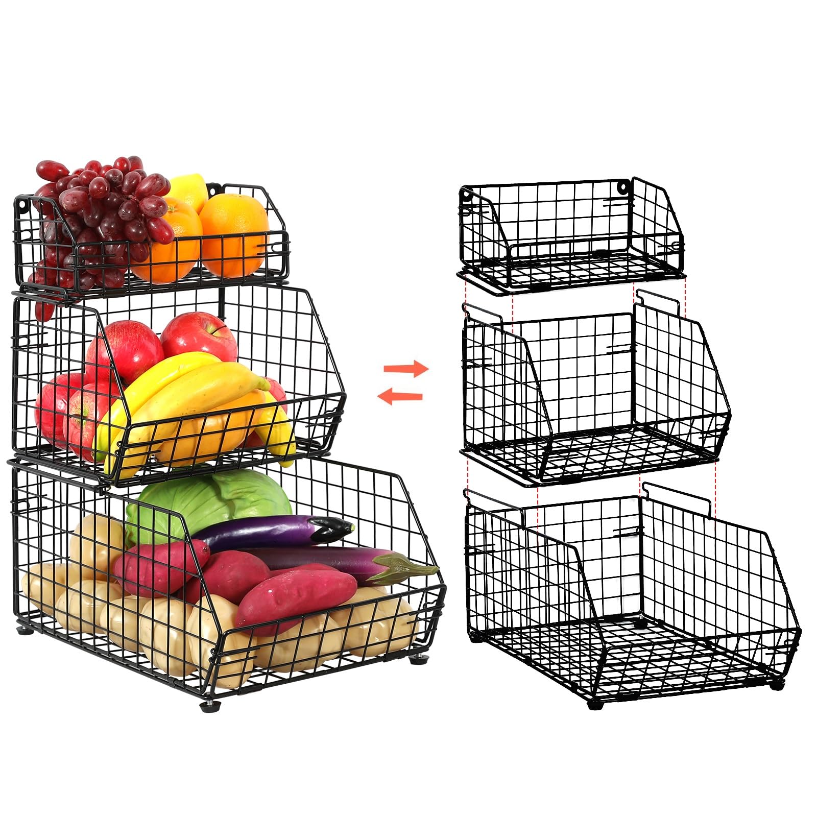 Yuzehuaza 3 Tier Fruit and Vegetable Basket Wall-Mounted & Countertop Organizer for Potato Onion Stackable Wire Baskets for Pantry Kitchen Cabinet for Produce Snack Canned Food Storage, Black