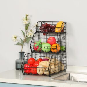 Yuzehuaza 3 Tier Fruit and Vegetable Basket Wall-Mounted & Countertop Organizer for Potato Onion Stackable Wire Baskets for Pantry Kitchen Cabinet for Produce Snack Canned Food Storage, Black