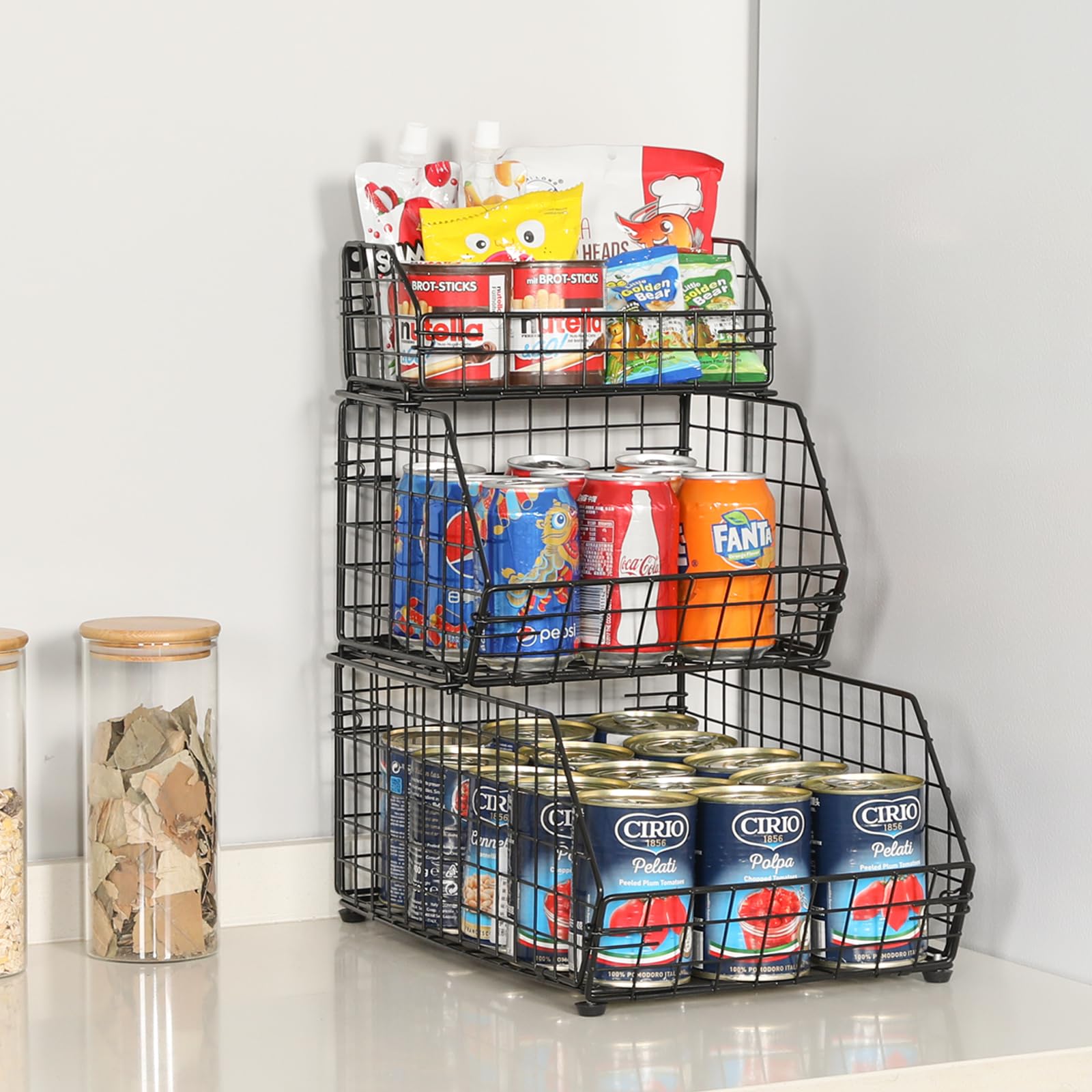 Yuzehuaza 3 Tier Fruit and Vegetable Basket Wall-Mounted & Countertop Organizer for Potato Onion Stackable Wire Baskets for Pantry Kitchen Cabinet for Produce Snack Canned Food Storage, Black