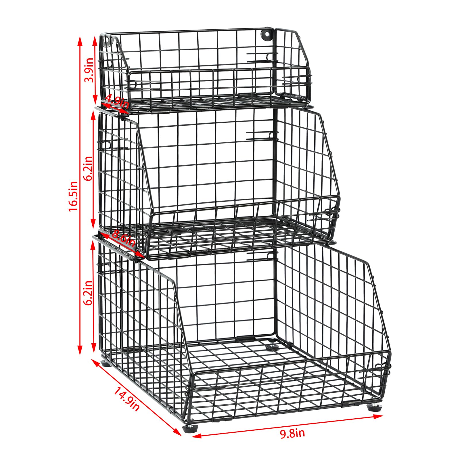 Yuzehuaza 3 Tier Fruit and Vegetable Basket Wall-Mounted & Countertop Organizer for Potato Onion Stackable Wire Baskets for Pantry Kitchen Cabinet for Produce Snack Canned Food Storage, Black