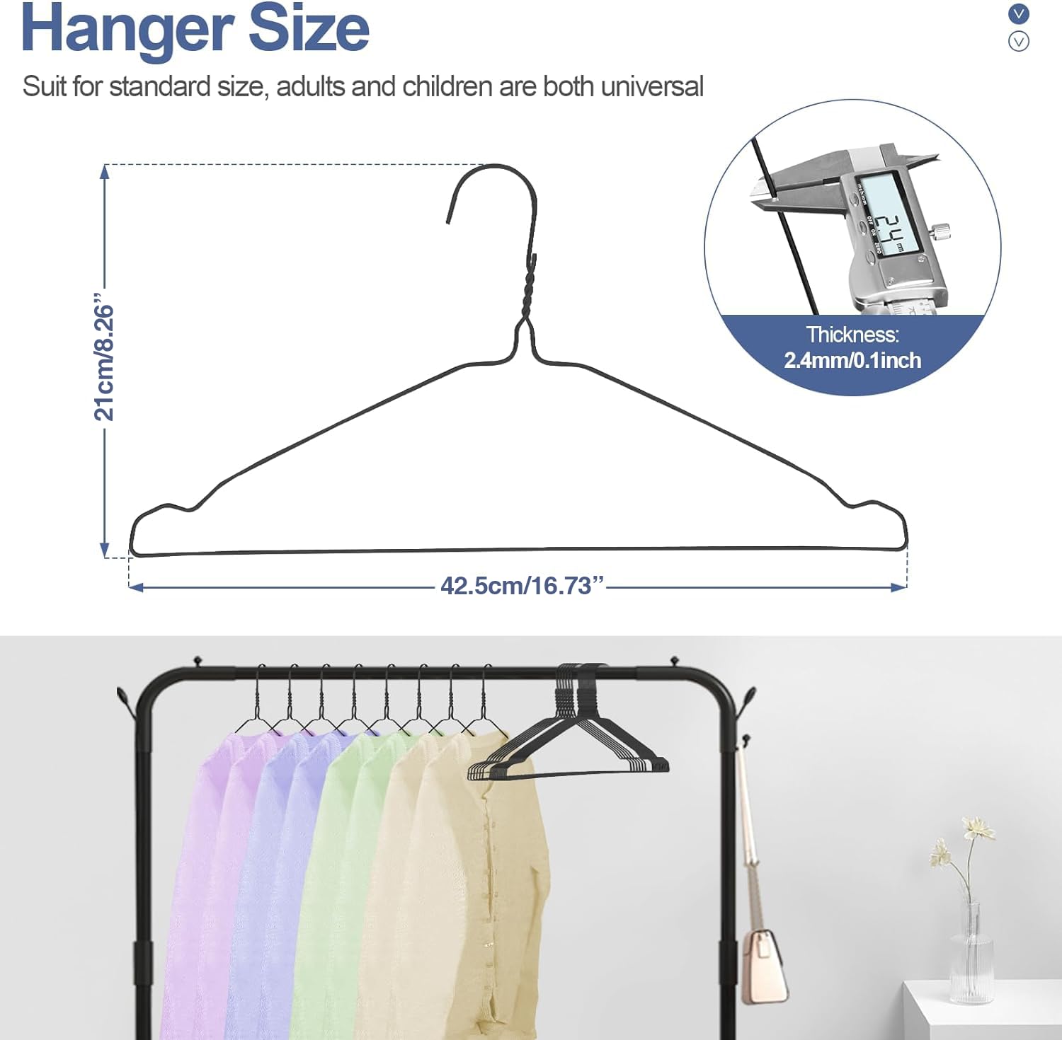 SPECILITE Wire Hangers 50 Pack, Metal Wire Clothes Hanger Bulk for Coats, Space Saving Metal Hangers Non Slip 16.7 Inch Ultra Thin, for Standard Size Suits, Shirts, Pants, Skirts-Black