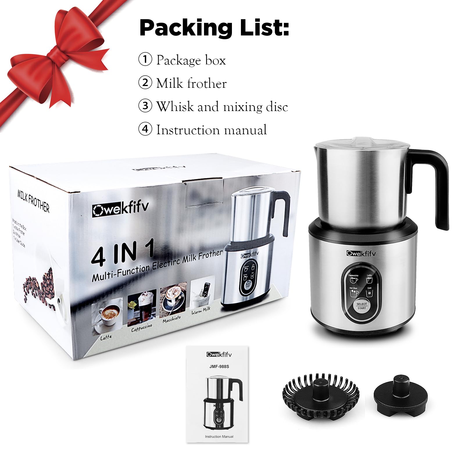 Milk Frother Machine, 4-in-1 Detachable Stainless Steel Hot & Cold Electric Milk Warmer and Foam Maker with Smart Touch Control and Dishwasher Safe for Latte/Macchiato/Cappuccino/Milk Heating