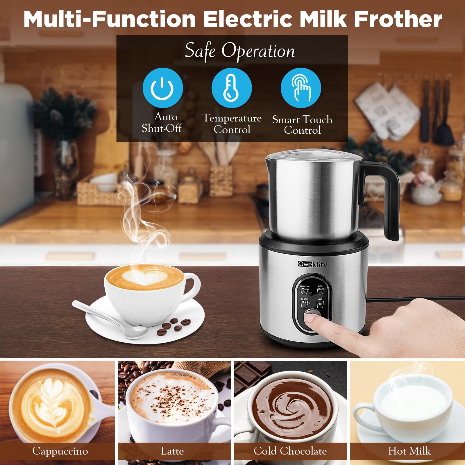 Milk Frother Machine, 4-in-1 Detachable Stainless Steel Hot & Cold Electric Milk Warmer and Foam Maker with Smart Touch Control and Dishwasher Safe for Latte/Macchiato/Cappuccino/Milk Heating