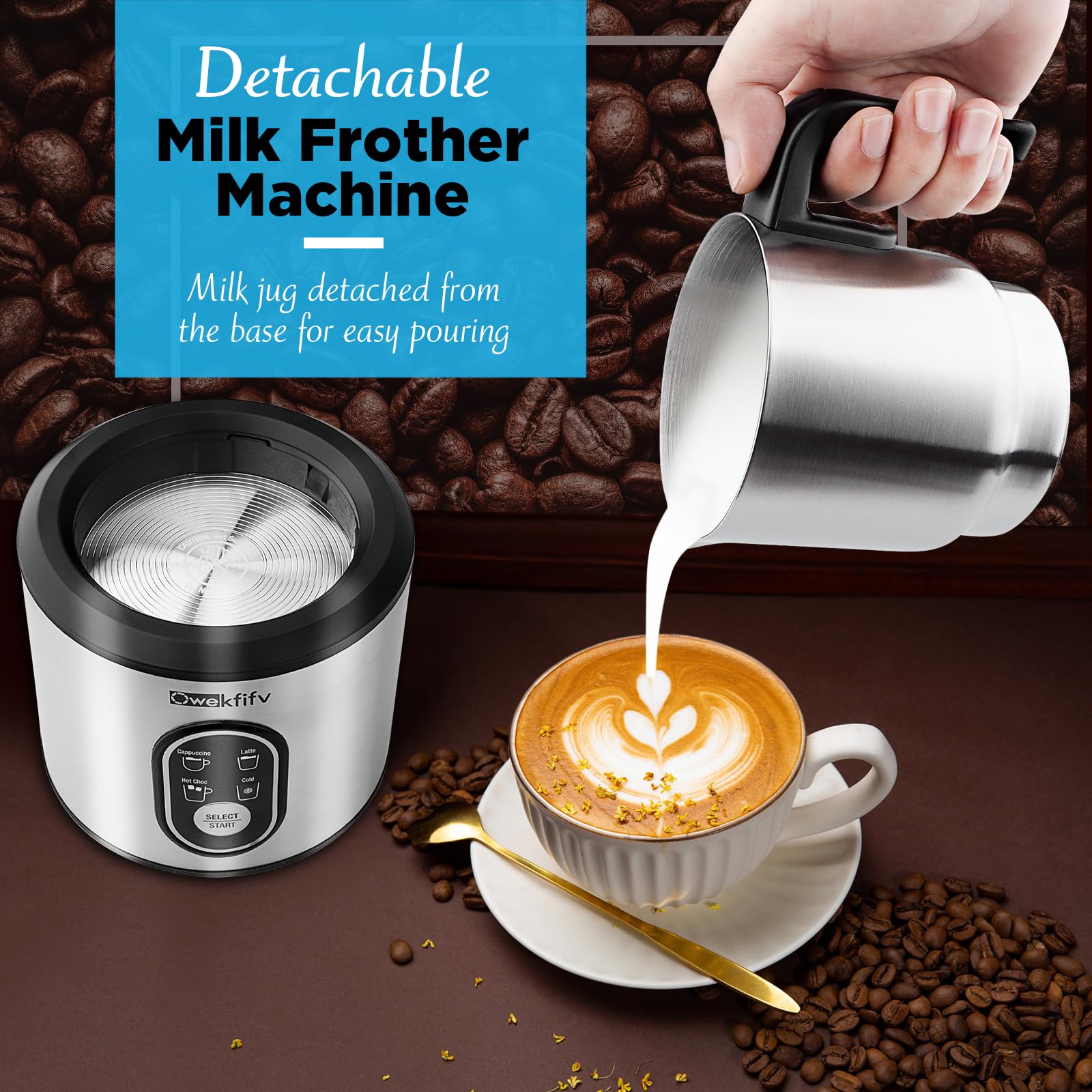 Milk Frother Machine, 4-in-1 Detachable Stainless Steel Hot & Cold Electric Milk Warmer and Foam Maker with Smart Touch Control and Dishwasher Safe for Latte/Macchiato/Cappuccino/Milk Heating