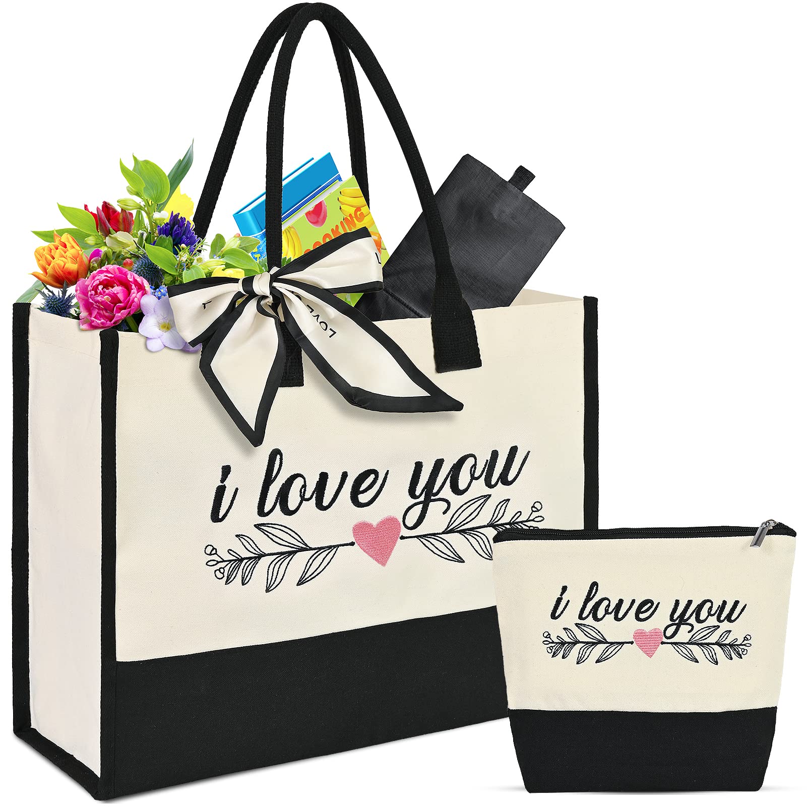 OLSUNOR Personalized I Love You Canvas Beach Bag Monogram Birthday Gifts for Women Embroidery Tote Bag w Makeup Bag Inner Zipper Pocket Customized Ribbon for Women, Mom, lover, Friends, Bridesmaids