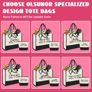 OLSUNOR Personalized I Love You Canvas Beach Bag Monogram Birthday Gifts for Women Embroidery Tote Bag w Makeup Bag Inner Zipper Pocket Customized Ribbon for Women, Mom, lover, Friends, Bridesmaids