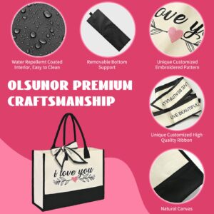 OLSUNOR Personalized I Love You Canvas Beach Bag Monogram Birthday Gifts for Women Embroidery Tote Bag w Makeup Bag Inner Zipper Pocket Customized Ribbon for Women, Mom, lover, Friends, Bridesmaids