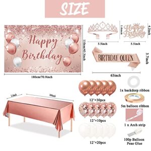 Trgowaul Birthday Decorations Balloon Garland Kit Arch for Women, Rose Gold Happy Birthday Banner, Sash and Tiara, Pink Birthday Cake Topper, Tablecloth for her, Party Favor Supplies Ideas Decor