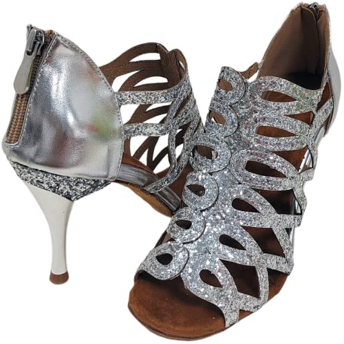 Womens Hollow Out Latin Dance Boots Peep Toe Mid Heel Glitter Shoes Tango Latin Ballroom Chacha Custom Heel Zipa Silver US 11.5