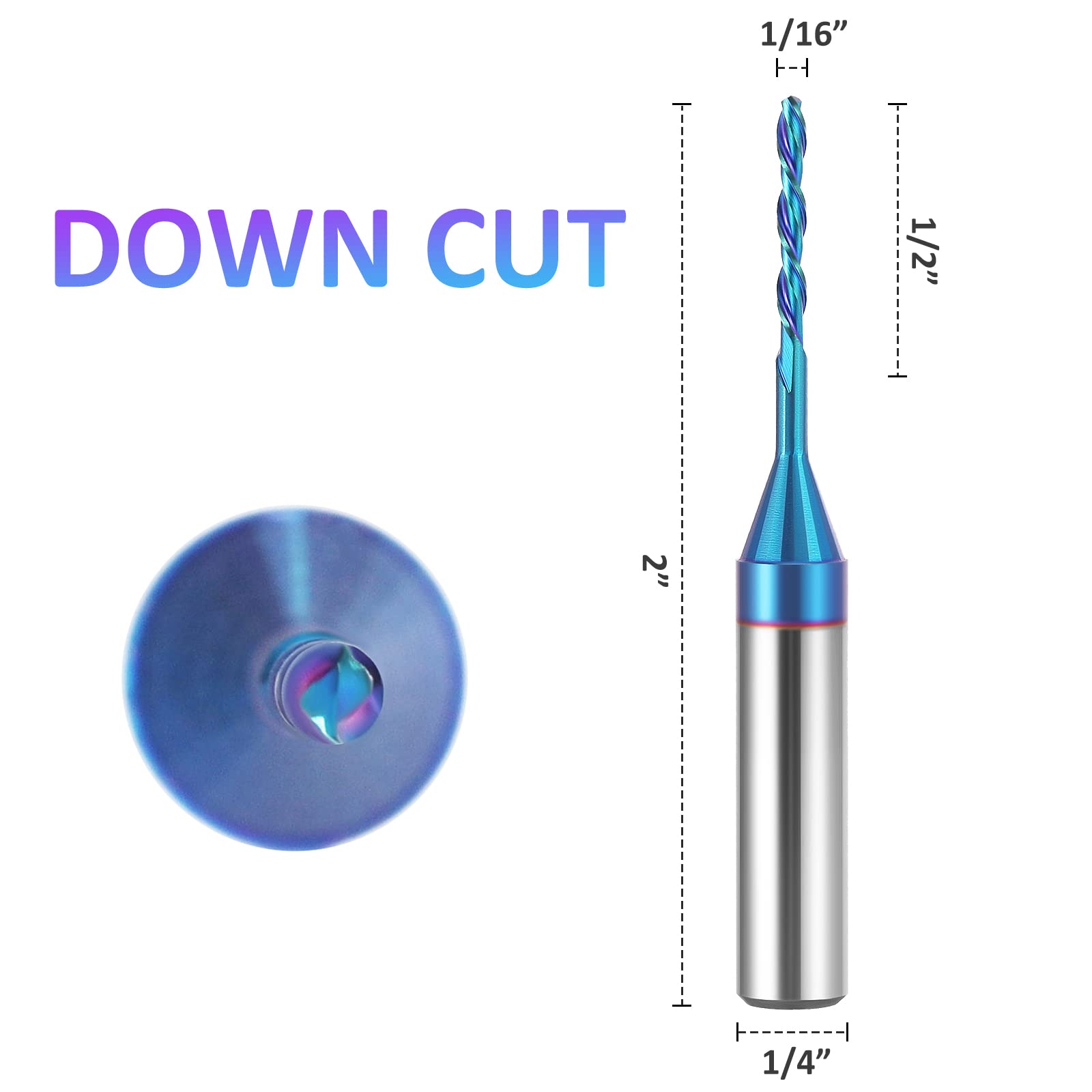 HQMaster Spiral Router Bits 1/4 inch Shank 1/16“ Cutting Diameter Solid Carbide Nano Blue Coated Spiral CNC Bits End Mill for Wood Cut Carving Engraver (1/16" Downcut)