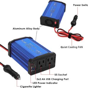 ALLWEI 300W Portable Power Station and 300W Blue Car Power Inverter, 280Wh Backup Lithium Battery, USB-C PD60W, 110V Pure Sine Wave AC Outlet, 78000mAh Solar Power Generator LED Light for Camping